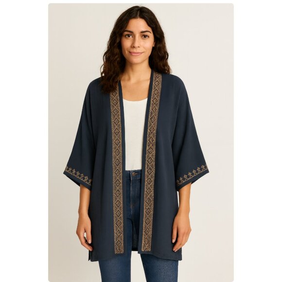 J.JILL EMBROIDERED CRINKLED KIMONO IN BLUE SMOKE LAGENLOOK MULTI  NWT - Picture 2 of 11